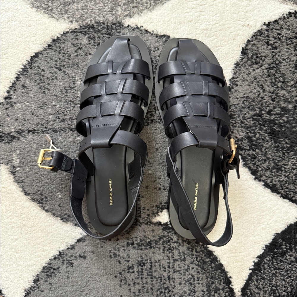 Mansur Gavriel Fisherman Sandals - Black Leather Sandals with Gold Buckle